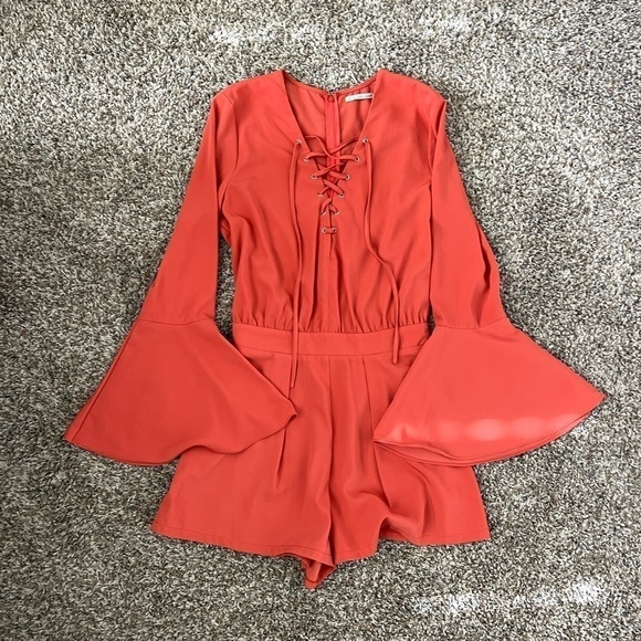 Mustard Seed Bell Sleeve Tie Front Romper Shorts - Picture 1 of 6